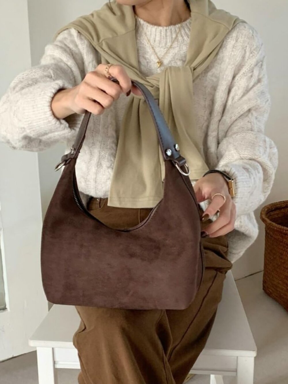 Suede Crescent Tote Bags for Women Vintage Shoulder Bag Brown Suede Handbag Casu - Picture 2 of 7